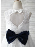 Ivory Lace Navy Blue Bow Heart Hole Back Flower Girl Dress  Ivory Lace Navy Blue Bow Heart Hole Back Flower Girl Dress